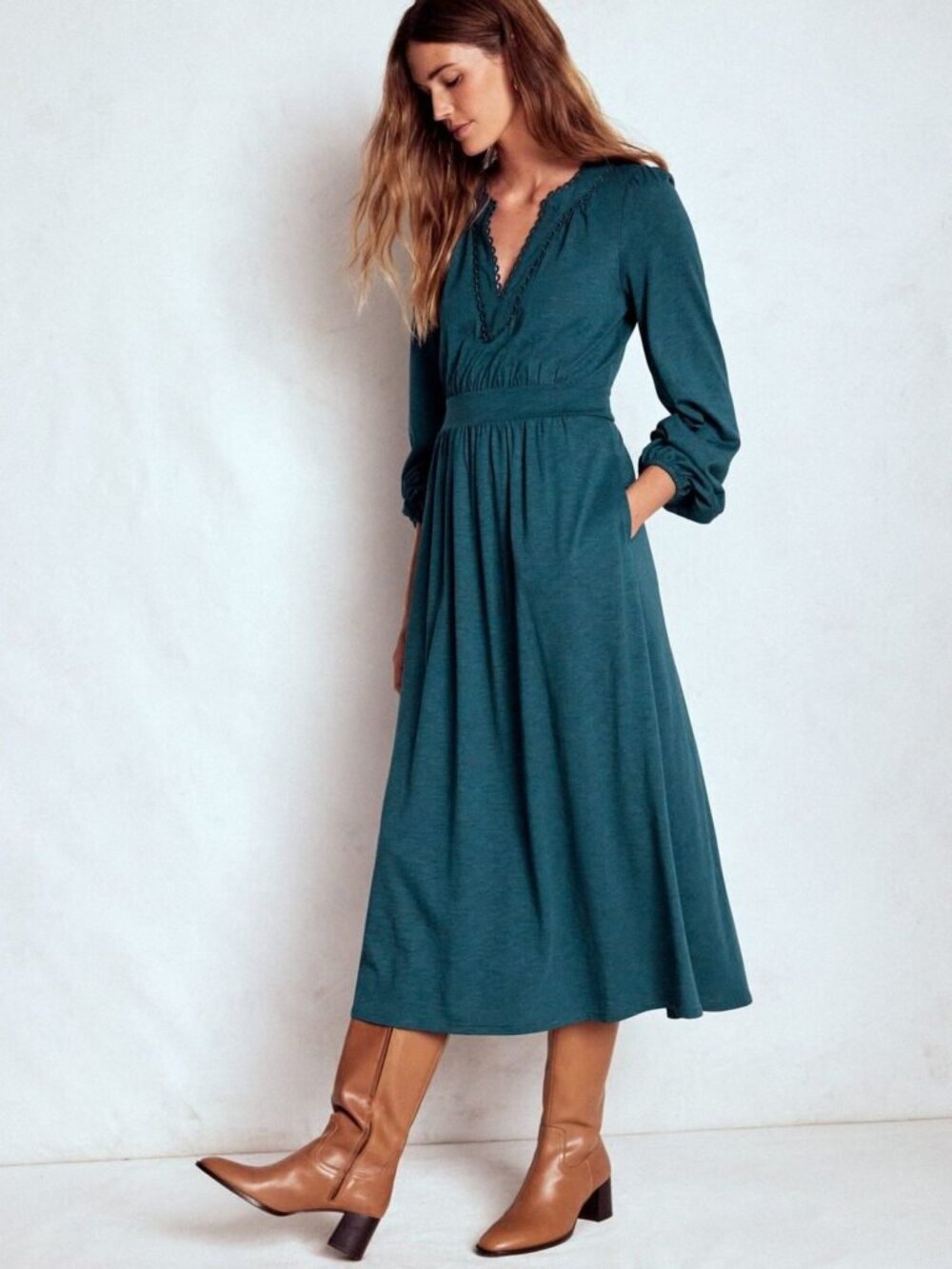 Boden Maddie Picot Trim Jersey Midi Dress - US 12 Regular - teal long sleeve